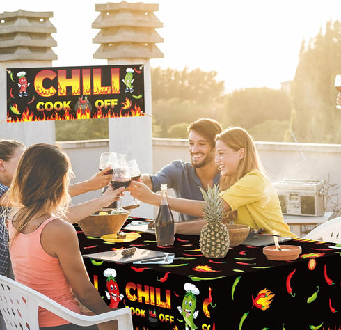 Chili Cook Off Decorations, 71" x 24" Chili Cook Off Banner, 3 Pcs Chili Pepper Plastic Tablecloth Table Cover 53" x 108", Mexican Fiesta Chili Co...