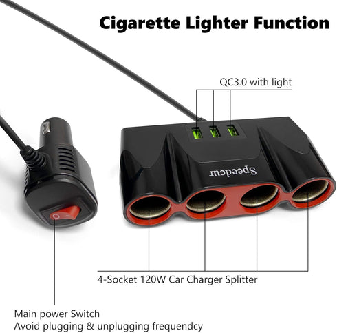 USB Car Charger Splitter Adapter, 120W 12V/24V 4-Socket Cigarette Lighter Adapter with 3pcs USB QC3.0 Car Charger Socket Quick Charge for GPS, Das...