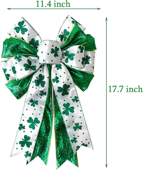 St. Patrick's Day Wreath Bow, Large Glitter Green Clovers Shamrock Gift Bow St Patricks Day Irish Holiday Shamrock Bow Ornaments for St. Patrick's...
