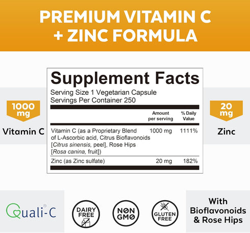 Viva Naturals Vitamin C and Zinc Supplement (250 Capsules) - 1000 mg Vitamin C with Zinc 20 mg Antioxidant Supplements for Immune Support, Plant B...