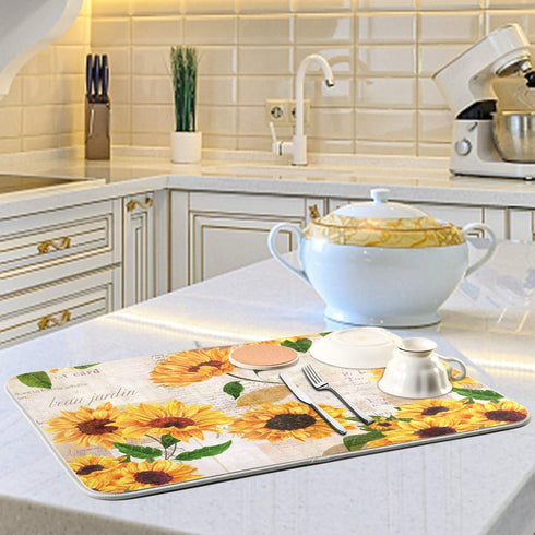 Qilmy Sunflowers Dish Drying Mat Water Absorption Tableware Drying Mat for Kitchen Countertop Home Decoration, 16 x 18 Inch Non Slip Dish Mats, He...