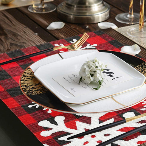Christmas Red Plaid Snow Snowflake Placemats Set of 6 Table Mat, Red Black Lattice Texture Table mats Placemats Heat-resistant Stain Resistant Was...