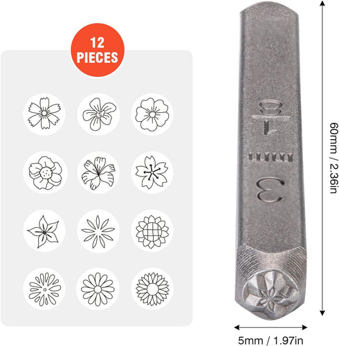 Tlimus 12pcs Flower Theme Metal Stamps, 3MM (1/4”) Metal Stamping Tools DIY Arts and Crafts Supplies Stamping Accessories, Leather & Wood Stamps...
