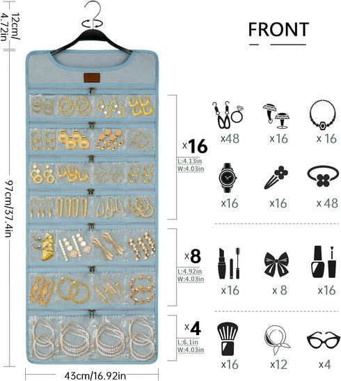 SMRITI Hanging Jewelry Organizer with Dual Zippered Pockets Canvas Double Sided Rotating Hanger Necklace Hanging Wall Organizer Earring Dustproof ...