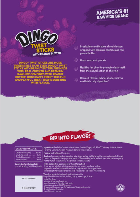 Dingo Twist Sticks with Peanut Butter, Rawhide Chew, 25 Count...