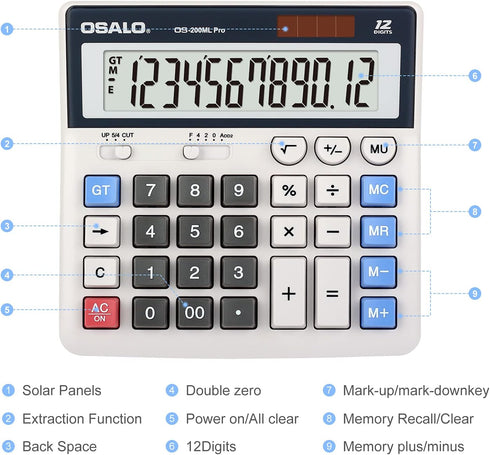 OSALO Desktop Calculator Extra Large Display 12 Digits Big Buttons Solar Accounting Calculator for Office (OS-200ML)...