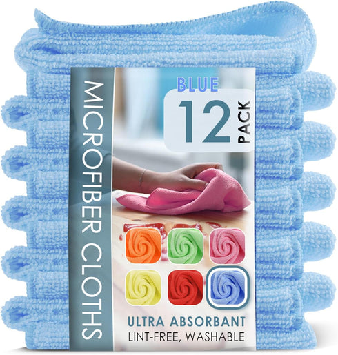 Hearth & Harbor Microfiber Cleaning Cloth, Microfiber Towels for Cars 12 Pack Washcloths, Blue Cleaning Rags, Reusable Microfiber Towel, Microfibe...