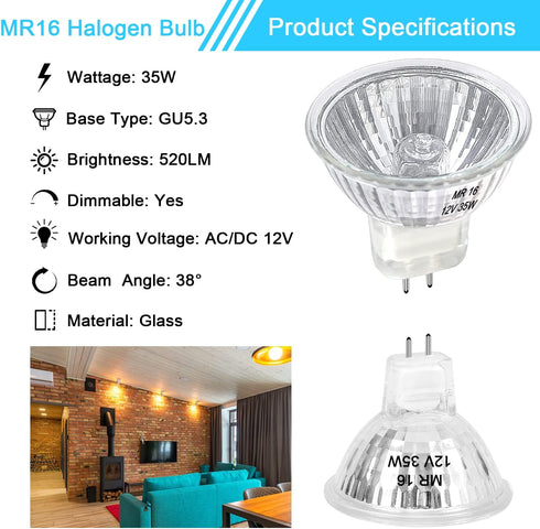 MR16 Halogen Bulb 35W Dimmable 12V GU5.3 Bi-pin Base Spotlight with Long Lifespan, 6 Pack MR16 Bulbs with Clear Glass Cover for Landscape Lights, ...