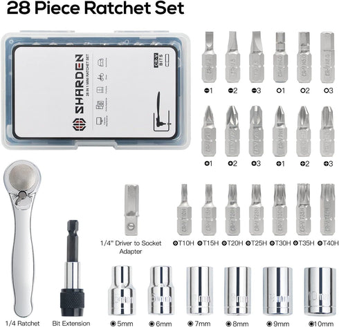 SHARDEN 1/4 Mini Ratchet Set 28pcs Right Angle Screwdriver and Bit with Metric Socket Set, 72 Tooth Small Ratcheting Wrench Offset Screwdriver Low...