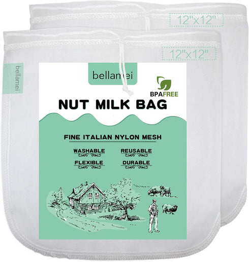 2 pack - XL 12"x12" Nut Milk Bags Reusable Food Strainers Nut Bags For Almond/Soy Milk Greek Yogurt Professional for Cold Brew Coffee Tea Beer Cel...