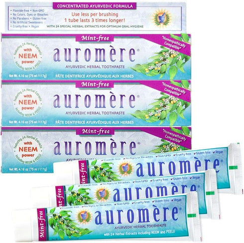 Auromere Ayurvedic Herbal Toothpaste, Mint Free - Vegan, Natural, Non GMO, Fluoride Free, Gluten Free, with Neem & Peelu (4.16 oz), 3 Pack...