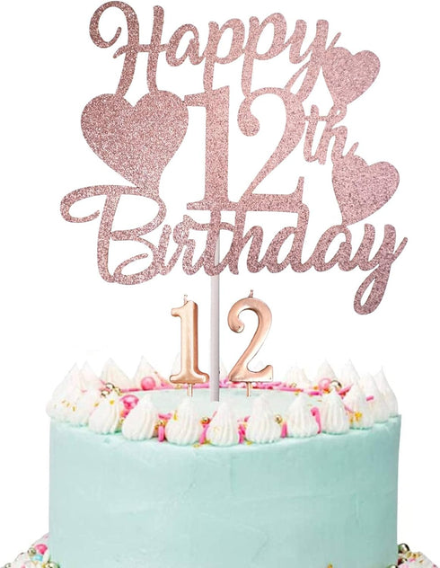 Rose Gold 12th Birthday Cake Topper with Number 12 Candles for Girl's 12th Birthday Party Decorations...