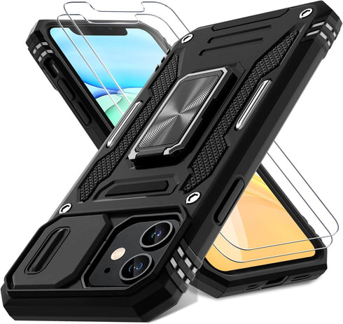 DEERLAMN for iPhone 11 Case with Slide Camera Cover+Screen Protector(2 Packs),Rotated Ring Kickstand Military Grade Shockproof Protective Cover-Bl...