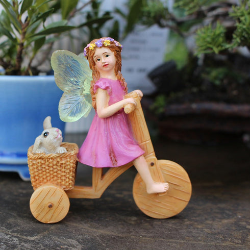 Miniature Fairy Garden Accessories, Small Fairy (Angel) and Rabbit Figurines on The Bicycle for Flower Pot, Home Decor, Birthday Cake Topper, Car ...