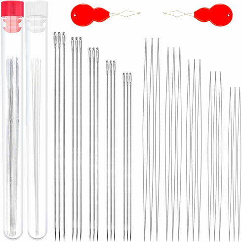 30 Pcs Beading Needles Set Include 15 Pcs Long Straight Beading Thread Needles + 15 Pcs Big Eye Beading Needles, Embroidery Needles with Needle Bo...