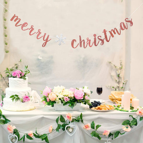 Rose Gold Glitter Merry Christmas Banner-Great for Christmas Party Decor- Holiday Home Mantle Fireplace Party Decorations...