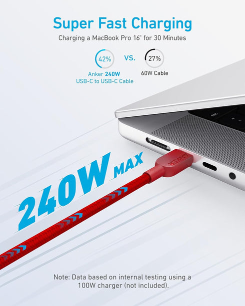 Anker 240W USB C to USB C Cable (2Pack,10ft), USB C Charger Cable Fast Charge for iPhone 15, MacBook Pro 2020, iPad Pro 2020, iPad Air 4, Samsung ...