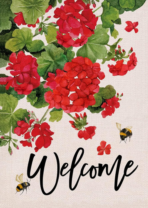 Welcome Spring Geranium Decorative Garden Flag, Red Floral Flowers Bee Yard Outside Decorations, Summer Farmhouse Outdoor Small Home Decor Double ...