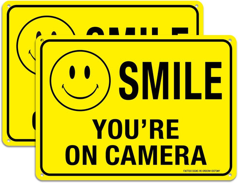 (2 Pack) Faittoo Smile You're On Camera Sign, Reflective 10x7 Rust Free .40 Aluminum, UV Protected, Weather Resistant, Durable Ink, Indoor & Outdo...