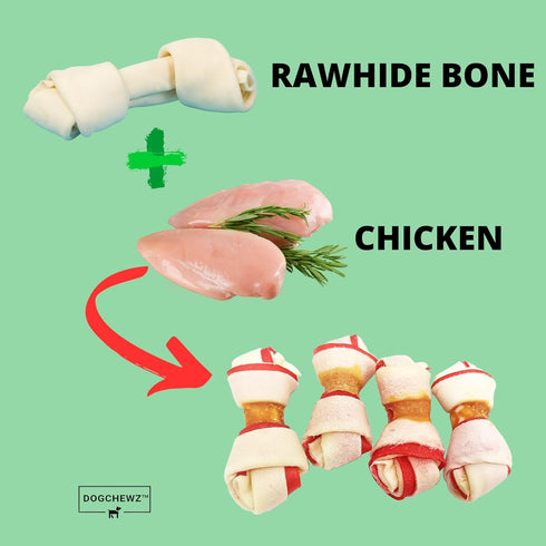 DOGCHEWZ™ Rawhide Dual Color Knotted Mini Bone Dog Chew Treats with Chicken Wrapped 3" (18 Ct/Bag) - Chicken Flavored...