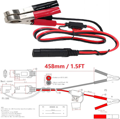SAE to Battery Alligator Clip - KUNCAN 1.5FT 12V SAE 2Pin Quick Disconnect Cable SAE to Battery Clamp Cord 7.5A Fuse (2 Pack)...