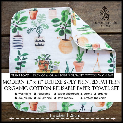 | Reusable Paper Towels with Cotton Wash Bag | Plant Love 12 x Washable Eco Friendly Paperless Paper Towels Napkins Cloth Kitchen Washable Reusabl...