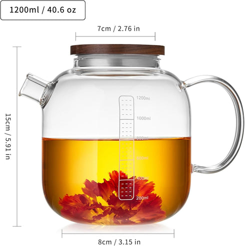 Glass Teapot with Infuser and Lid 40.6 fl oz, Stovetop Gas Safe, Thickened Heat Resistant Borosilicate Glass Tea Kettle...