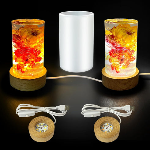 Cylinder Light Resin Mold,LED Silicone Resina Mould with 2 Pcs USB Powered Wooden Lighted Base Stand for DIY Table Crafts Party Wedding Desktop La...