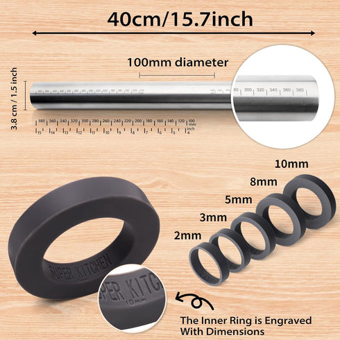 Adjustable Rolling Pin with Thickness Rings for Baking -Non Stick Stainless Steel Dough Roller Pin with Bands for Cookie,Wood,Wooden and Bread (Gr...