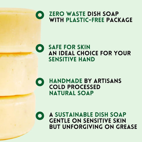 Zero Waste Natural Dish Soap Bar (Pack of 3 Bars) - Solid Vegan Dishwashing Block - Cold Processed, Eco Friendly Plastic Free Packaging with Susta...