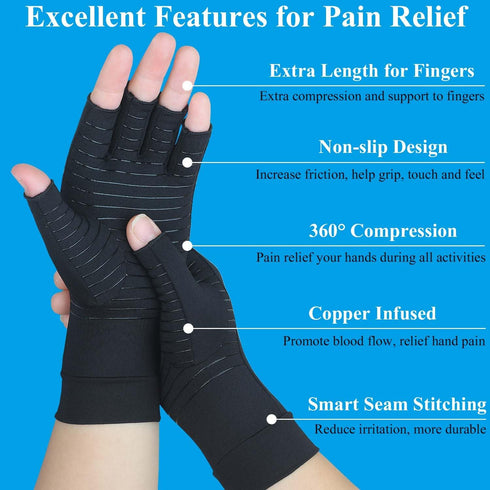 2 Pairs Copper Arthritis Gloves for Women, Compression Gloves for Men for Pain, Fingerless Hand Gloves for Carpal Tunnel, Crochet, Relieve Pain, S...