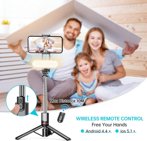 Stable Selfie Stick Tripod with Fill Light, 44 Inch Extendable Selfie Stick with Wireless Remote and Tripod Stand 360 Rotation for iPhone 15/14/13...