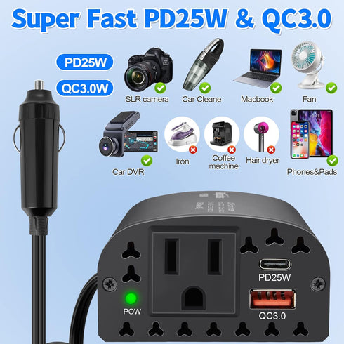150W Car Power Inverter DC 12V to 110V AC Car Plug Outlet Adapter with PD 25W USB C & QC3.0 Car Laptop Charger......