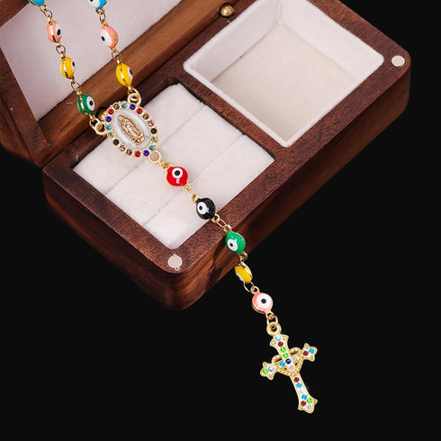 60Pieces Rosary Kits Catholic Cross and Center Medal Charm Metal Enamel Rhinestone Virgen De Guadalupe Pendant Chandelier Link for DIY Jewelry Mak...
