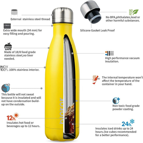 BJPKPK 17oz Insulated Stainless Steel Water Bottles,Sports Water Bottles Keep Cold for 24 Hours and Hot for 12 Hours,BPA Free for Travel,Goldenrod...