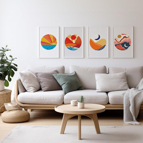 4 Pack Stamped Cross Stitch Kits with Frame - Sun Moon Abstract Landscape Embroidery Kits for Beginners Adults,11 CT Patterns Dimensions Counted C...