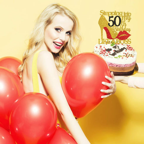 INNORU Gold Red Glitter Stepping into 50 Cake Topper - 50th Birthday Cake Decor - Like a Boss - Happy Birthday Party Cake Decorations...