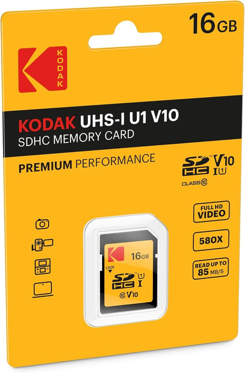 KODAK Premium Memory Card 16GB, 85MBs Read Speed, 25MBs Write Speed for Full HD Video and High-Resolution Pictures, Compatible with SDHC and SDXC ...