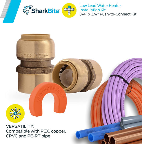 SharkBite 3/4 Inch Water Heater Connection Kit, Push to Connect Brass Plumbing Fittings, PEX Pipe, Copper, CPVC, PE-RT, HDPE, 22441LF...