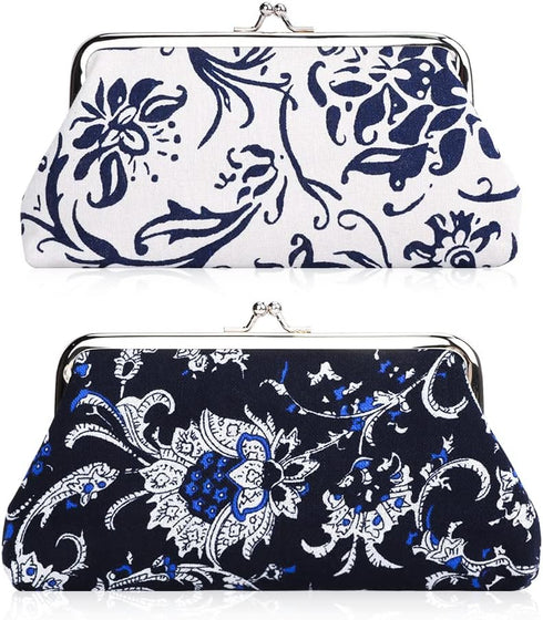 Oyachic 2 Packs Large Floral Coin Purses Canvas Cash Wallet Make Up Cellphone Bag Vintage Change Pouch Key Holder Kiss lock Clasp Clutch...