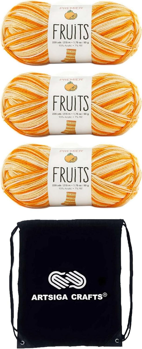 Premier Yarns Fruits Orange 2052-05 (3-Skeins - Same Dye Lot) Weight #1 Acrylic Yarn for Crocheting and Knitting - Bundle with 1 Artsiga Crafts Pr...