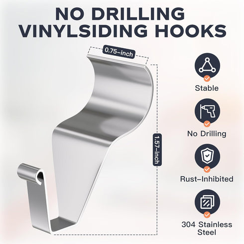 Vinyl Siding Hooks, (8 Pack) No Drilling Siding Clips for Hanging Outdoor Decorations and String Lights, Reusable Heavy-Duty Wreath Hangers for Ha...