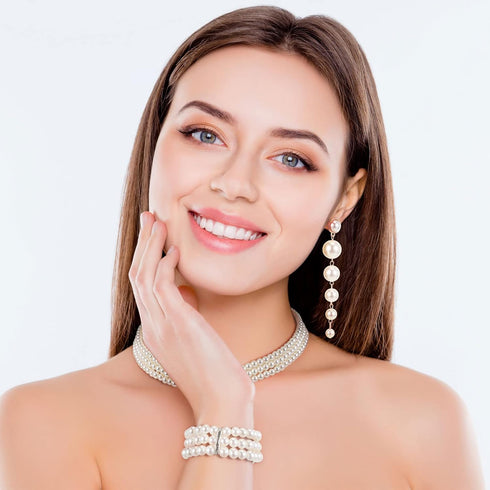 Women's Pearl Jewelry Set Multi Layer Faux Pearl Choker Necklace Pearl Stretch Bracelet Hoop Pearl Dangle Earrings Long Tassel Earrings Valentines...