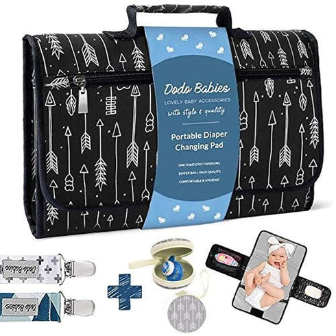 Dodo Babies Portable Diaper Changing Pad Set - Portable Waterproof Changing Mat with Memory Foam Head Pillow and Zip Storage Plus 2 Pacifier Clips...