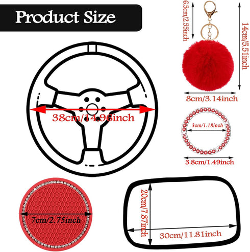 1 Sets 6 Pieces Fluffy Steering Wheel Cover Set for Women,ZYNQACC Diamond Plush Steering Wheel Cover Bling Car Coaster Rhinestone Ring Sticker Aut...