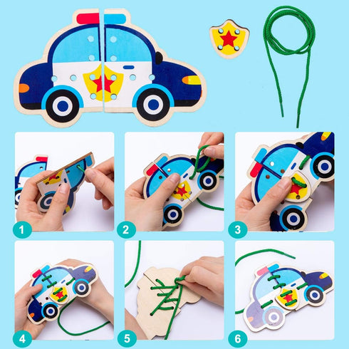 Promise Babe 5 Pack Lacing Cards Wooden Cars Block Puzzle Threading Toys Montessori Toy Sewing Cards for Toddler Educational Preschool Toys…...
