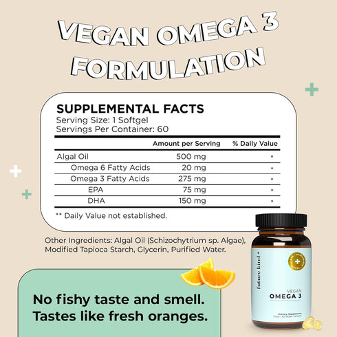 Future Kind Vegan Omega 3 Supplement (2 Month Supply) - Glass Bottle & Carrageenan-Free Algae Omega 3 Supplements for Joint, & Mood Support - DHA ...