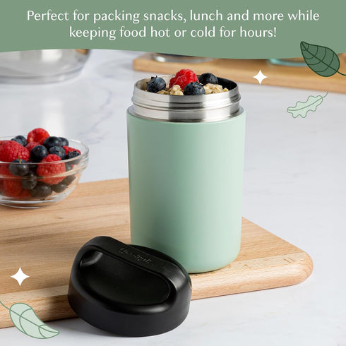 Goodful Stainless Steel Food Jar, Double Wall Vacuum Sealed Insulated Food Storage Container with Carry Handle Lid, 16-Ounce, Sage...