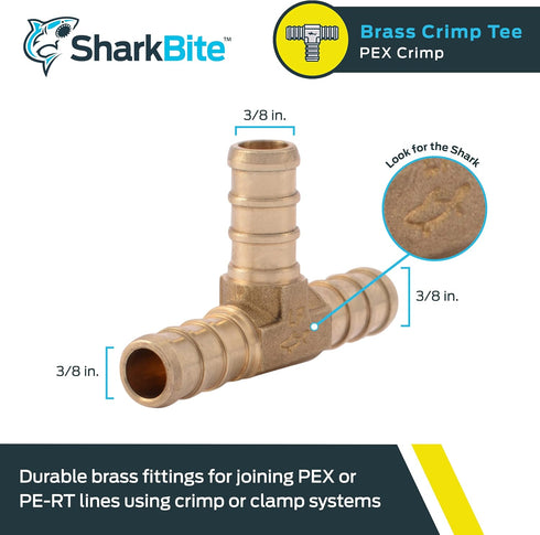SharkBite 3/8 Inch Crimp Tee, Brass Plumbing Fitting, PEX Pipe, PE-RT, UC360LFA...