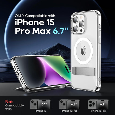 Magnetic Case for iPhone 15 Pro Max Case with Stand, Slim Kickstand with Screen Protector Compatible with Magsafe Shockproof Crystal Clear Cases P...